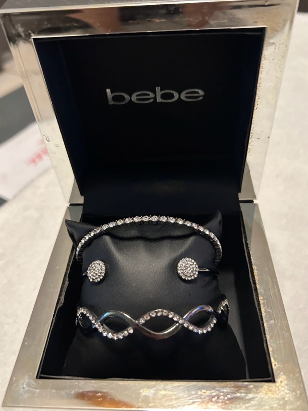 BEBE BOXED BANGLES SET OF THREE SILVER COLOR RHINESTONES PAVE NEVER WORN